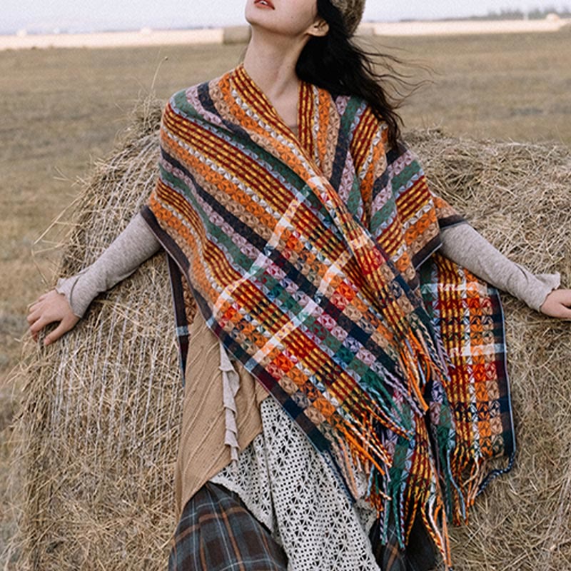 Tibetan Colorful Stripe Geometry Tassels Shawl Fall Winter Soft Scarf Wrap