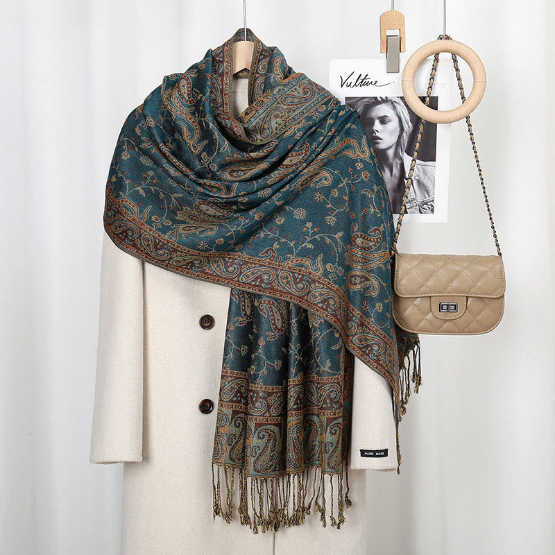 Tibetan Cashew Flower Vine Print Tassels Shawl Fall Winter Soft Scarf Wrap - Image 12