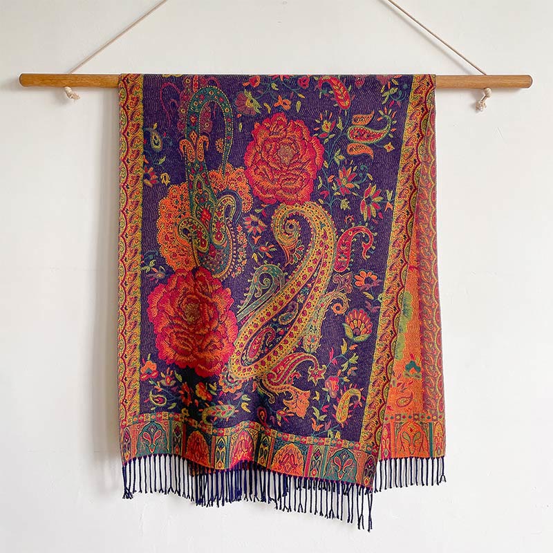 Tibetan Cashew Peony Flowers Vine Tassels Shawl Fall Winter Cozy Scarf Wrap - Image 6