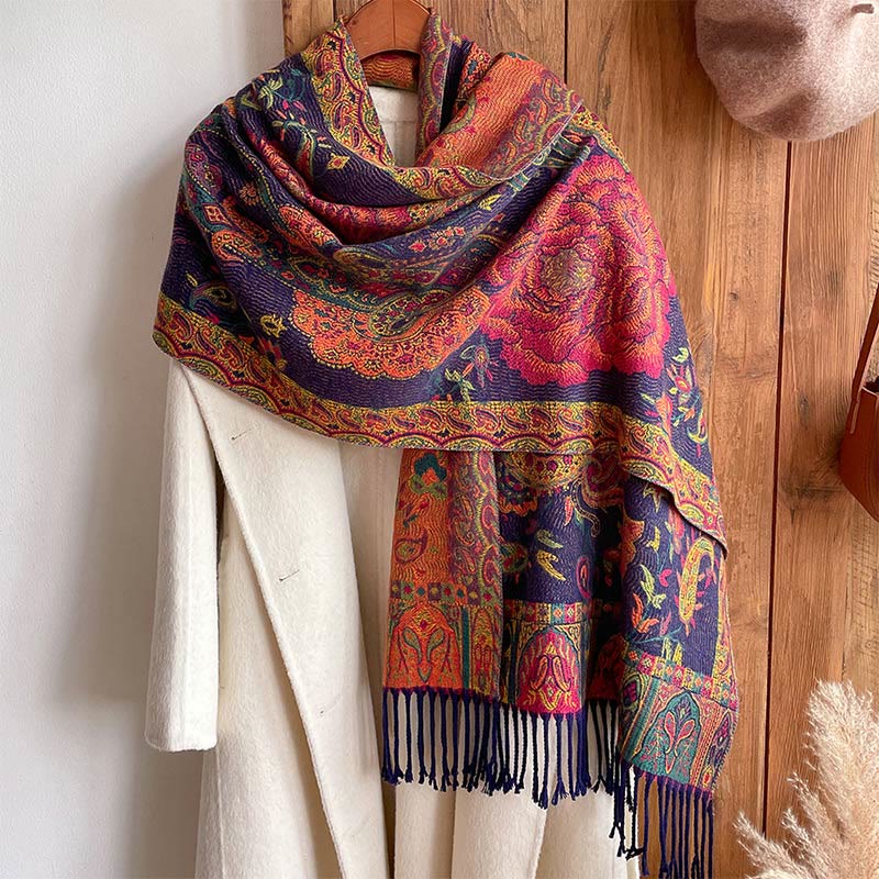 Tibetan Cashew Peony Flowers Vine Tassels Shawl Fall Winter Cozy Scarf Wrap - Image 4