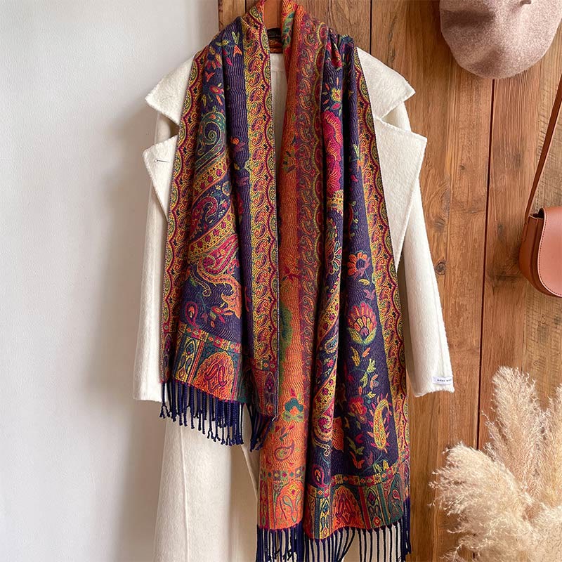 Tibetan Cashew Peony Flowers Vine Tassels Shawl Fall Winter Cozy Scarf Wrap - Image 5
