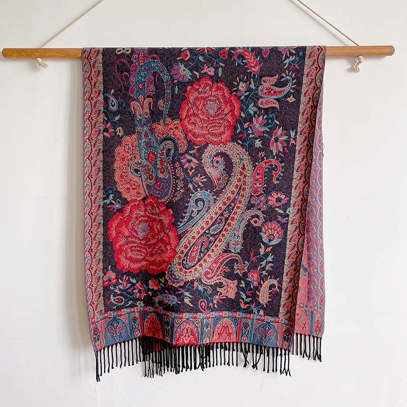 Tibetan Cashew Peony Flowers Vine Tassels Shawl Fall Winter Cozy Scarf Wrap - Image 14