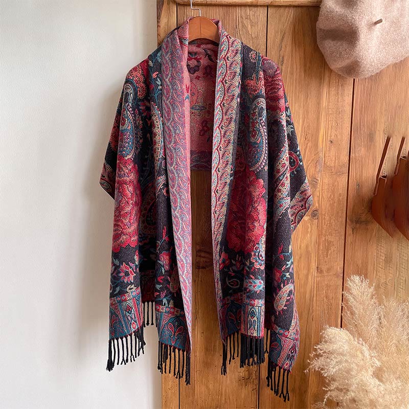 Tibetan Cashew Peony Flowers Vine Tassels Shawl Fall Winter Cozy Scarf Wrap - Image 13