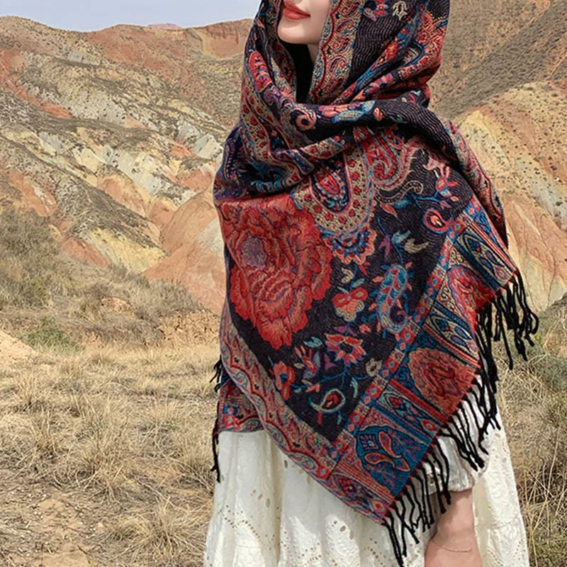 Tibetan Cashew Peony Flowers Vine Tassels Shawl Fall Winter Cozy Scarf Wrap - Image 10