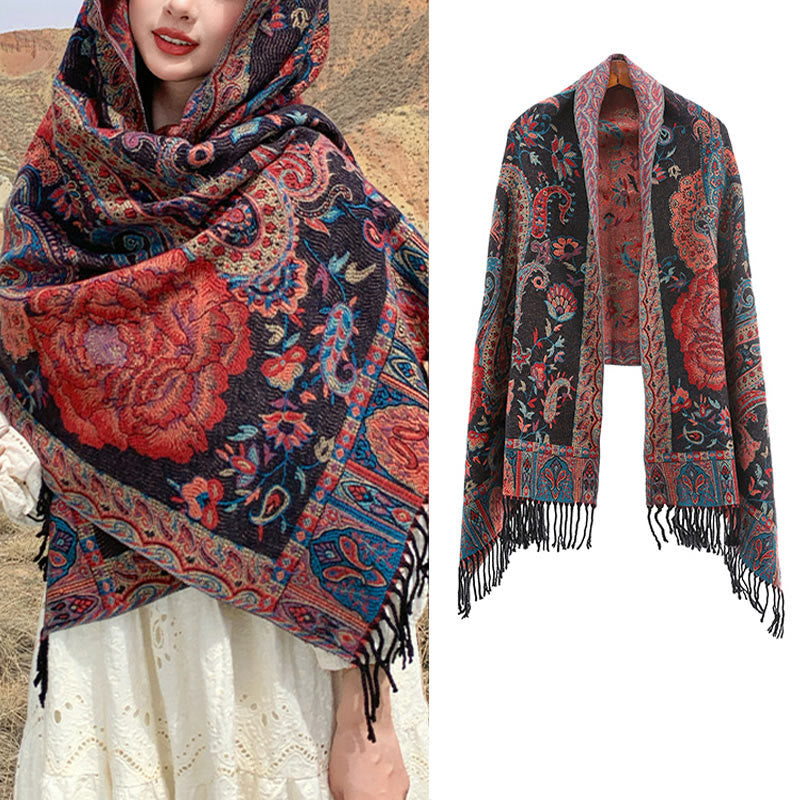 Tibetan Cashew Peony Flowers Vine Tassels Shawl Fall Winter Cozy Scarf Wrap - Image 12