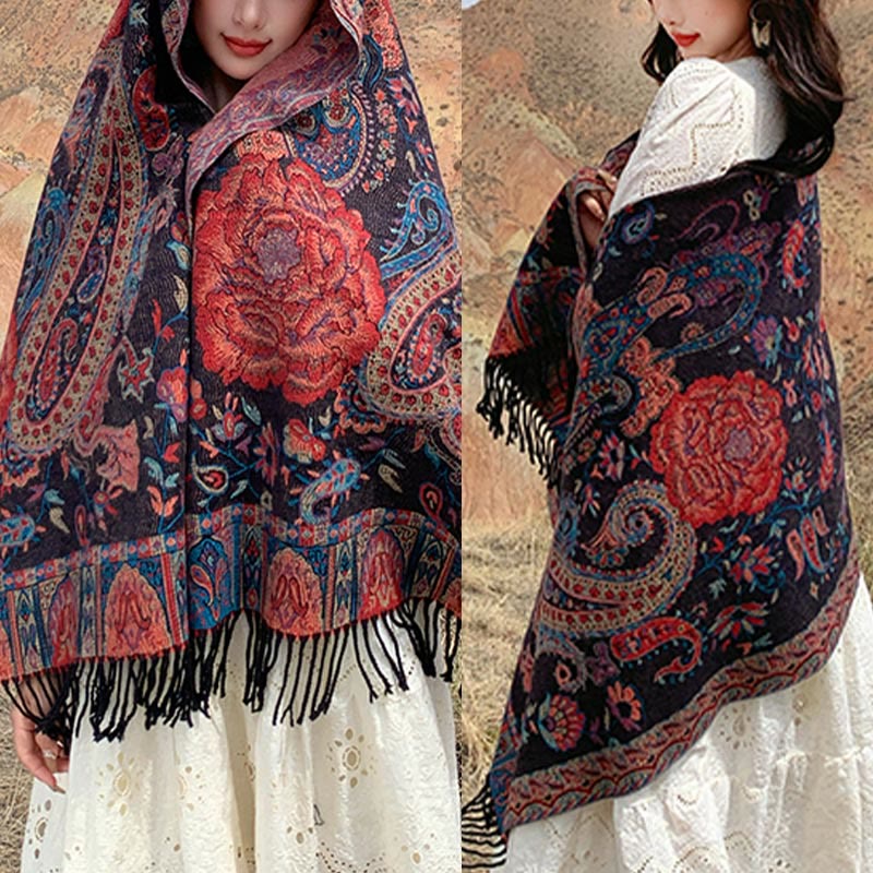 Tibetan Cashew Peony Flowers Vine Tassels Shawl Fall Winter Cozy Scarf Wrap - Image 11