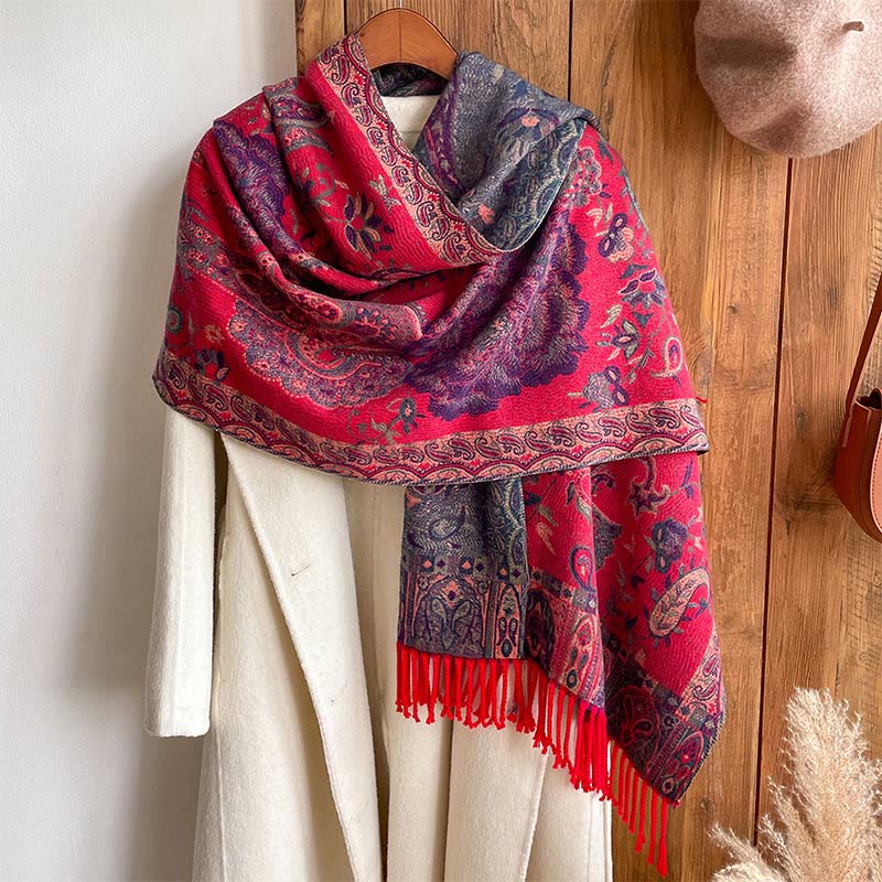 Tibetan Cashew Peony Flowers Vine Tassels Shawl Fall Winter Cozy Scarf Wrap - Image 21
