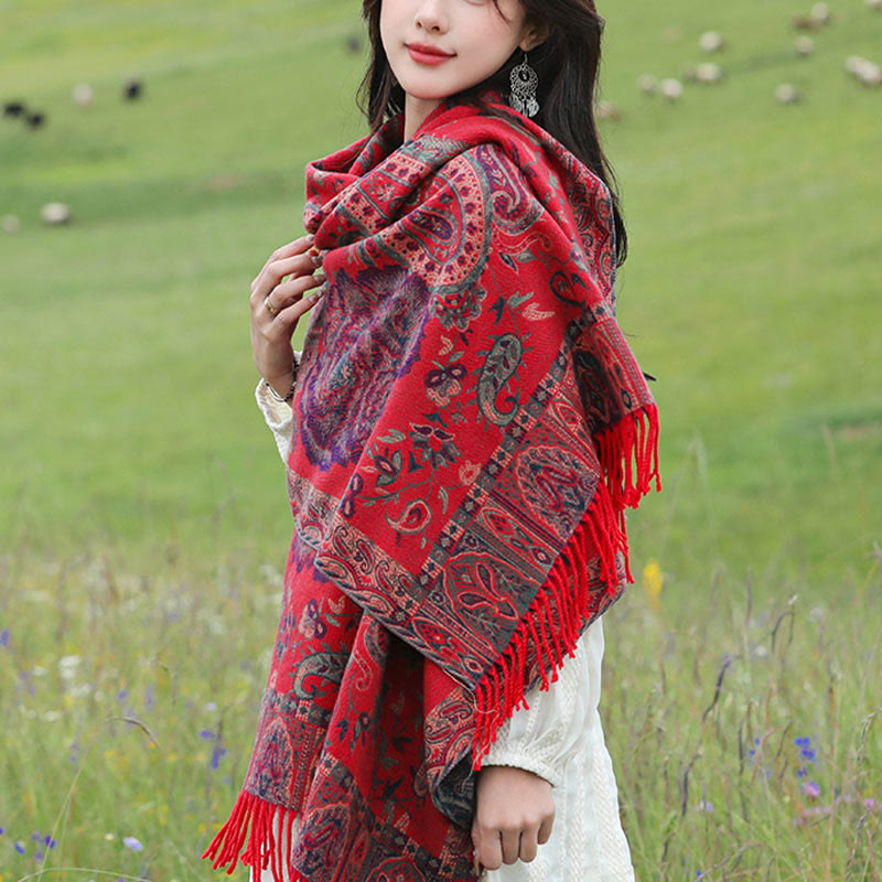 Tibetan Cashew Peony Flowers Vine Tassels Shawl Fall Winter Cozy Scarf Wrap - Image 18