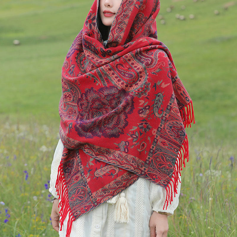 Tibetan Cashew Peony Flowers Vine Tassels Shawl Fall Winter Cozy Scarf Wrap - Image 19