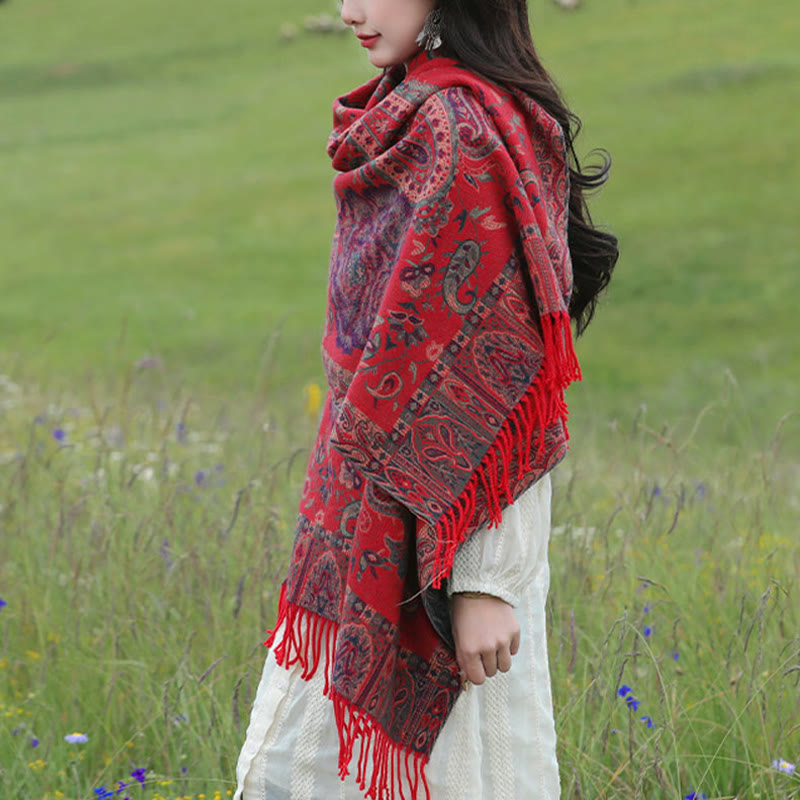 Tibetan Cashew Peony Flowers Vine Tassels Shawl Fall Winter Cozy Scarf Wrap - Image 20