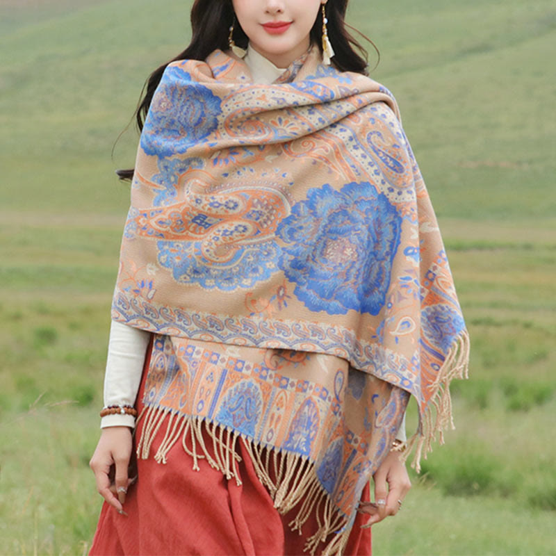 Tibetan Cashew Peony Flowers Vine Tassels Shawl Fall Winter Cozy Scarf Wrap - Image 26