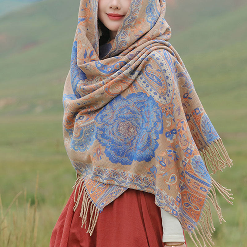 Tibetan Cashew Peony Flowers Vine Tassels Shawl Fall Winter Cozy Scarf Wrap - Image 27