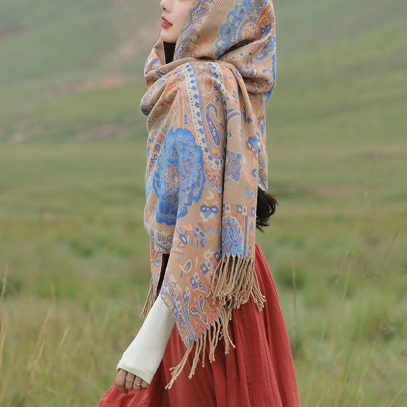 Tibetan Cashew Peony Flowers Vine Tassels Shawl Fall Winter Cozy Scarf Wrap - Image 28