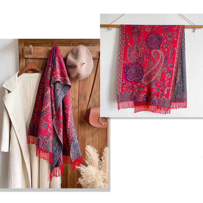 Tibetan Cashew Peony Flowers Vine Tassels Shawl Fall Winter Cozy Scarf Wrap - Image 25