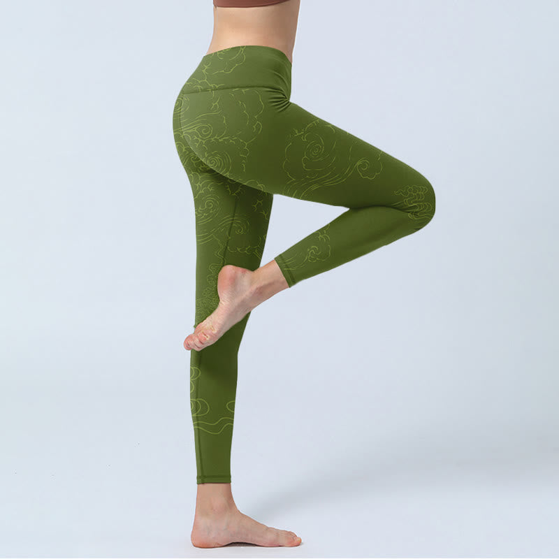 Green Auspicious Cloud Waves Print Gym Leggings Women's Yoga Pants - Image 4