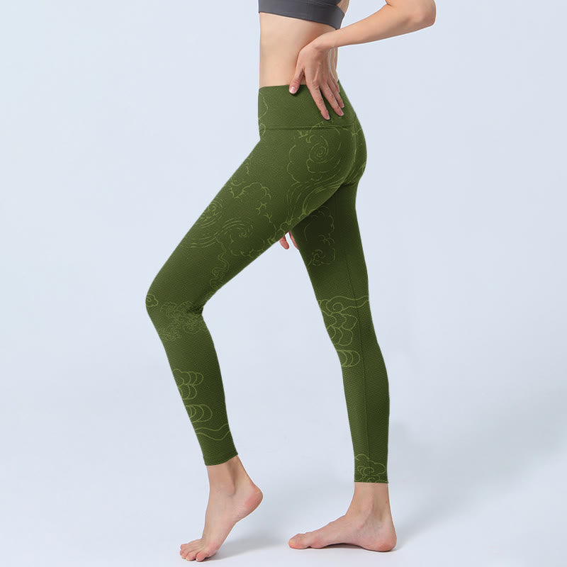 Green Auspicious Cloud Waves Print Gym Leggings Women's Yoga Pants - Image 3