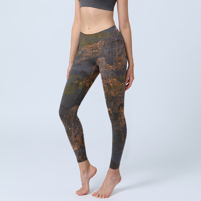 Golden Mountains Clouds Print Gym Leggings Women's Yoga Pants