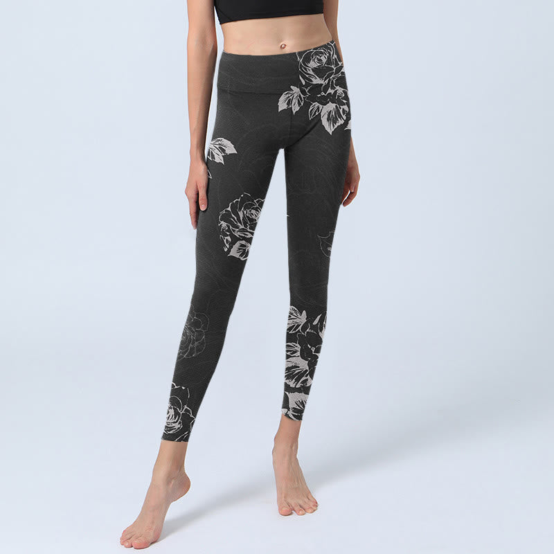 Gray Peony Rose Flower Sketch Print Gym Fitness Leggings Women's Yoga Pants - Image 6