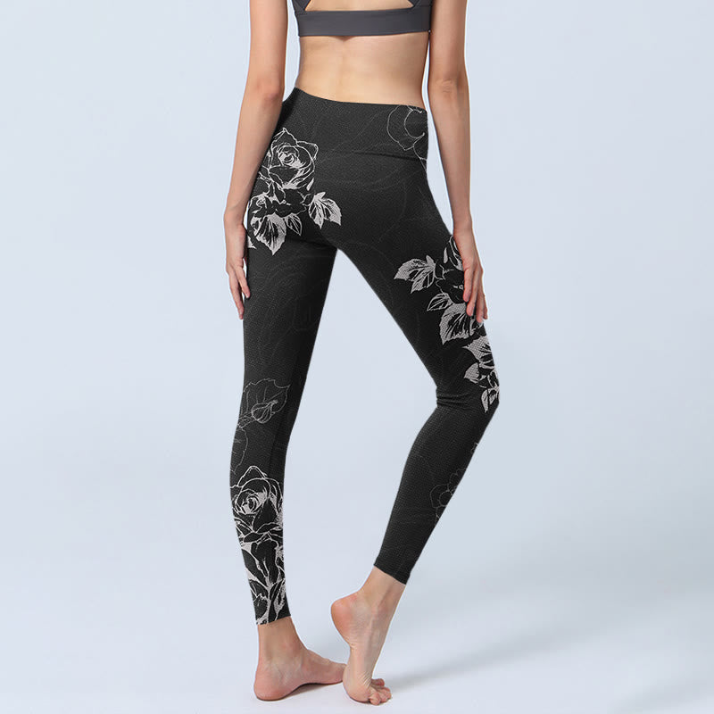 Gray Peony Rose Flower Sketch Print Gym Fitness Leggings Women's Yoga Pants - Image 5