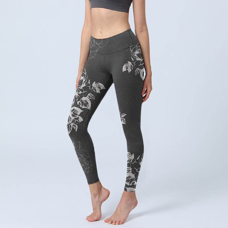 Gray Peony Rose Flower Sketch Print Gym Fitness Leggings Women's Yoga Pants
