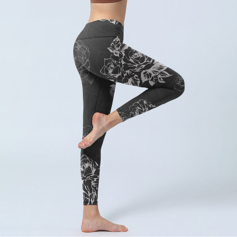 Gray Peony Rose Flower Sketch Print Gym Fitness Leggings Women's Yoga Pants - Image 4