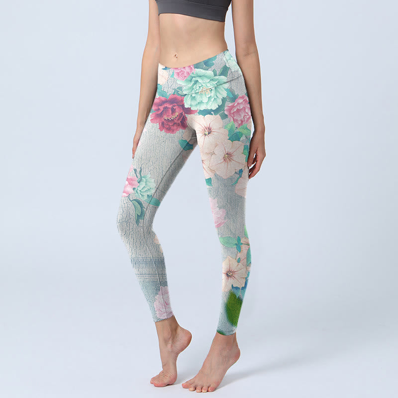Colorful Peony Flowers Print Gym Fitness Leggings Women's Yoga Pants