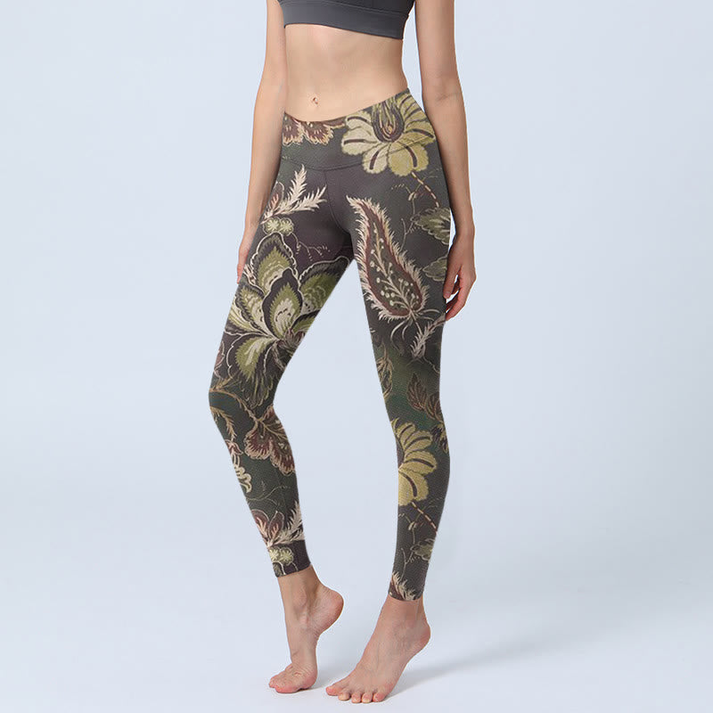 Olive Florals Print Sports Fitness Leggings Women's Yoga Pants