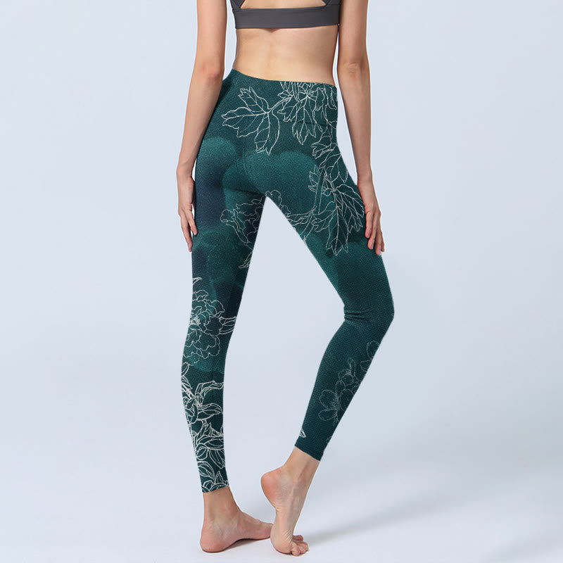 Peony Flower Magpie Butterfly Print Gym Fitness Leggings Women's Yoga Pants - Image 5