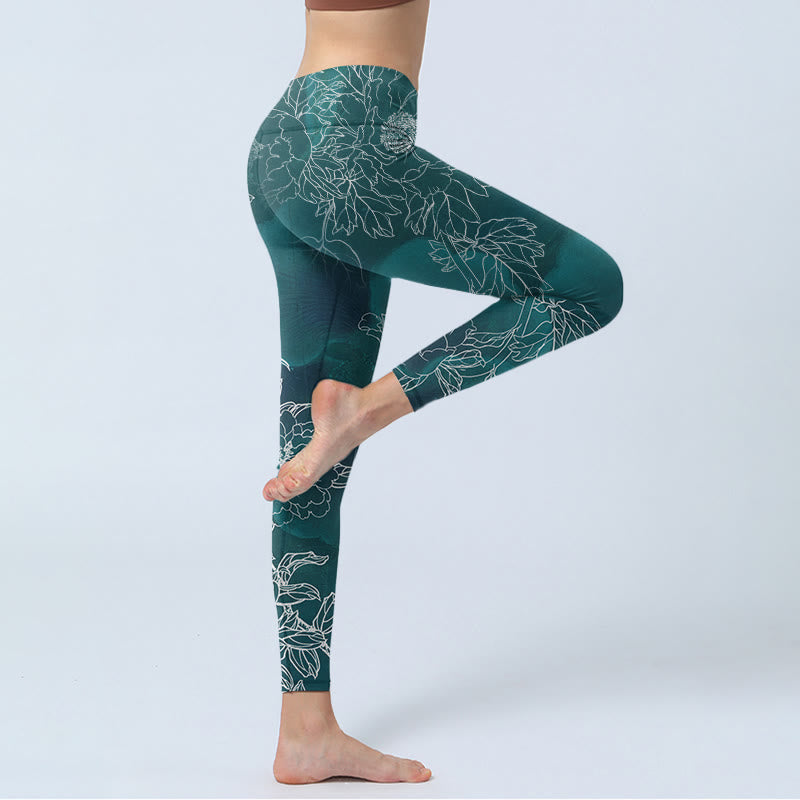 Peony Flower Magpie Butterfly Print Gym Fitness Leggings Women's Yoga Pants - Image 4
