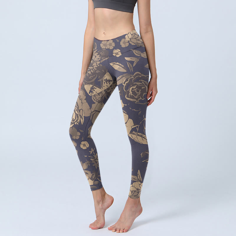 Peony Flowers Leaves Blossom Print Gym Fitness Leggings Women's Yoga Pants