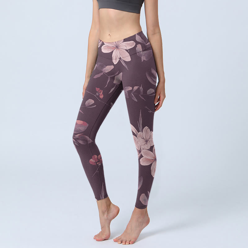 Purple White Flowers Leaves Blossom Print Gym Fitness Leggings Women's Yoga Pants