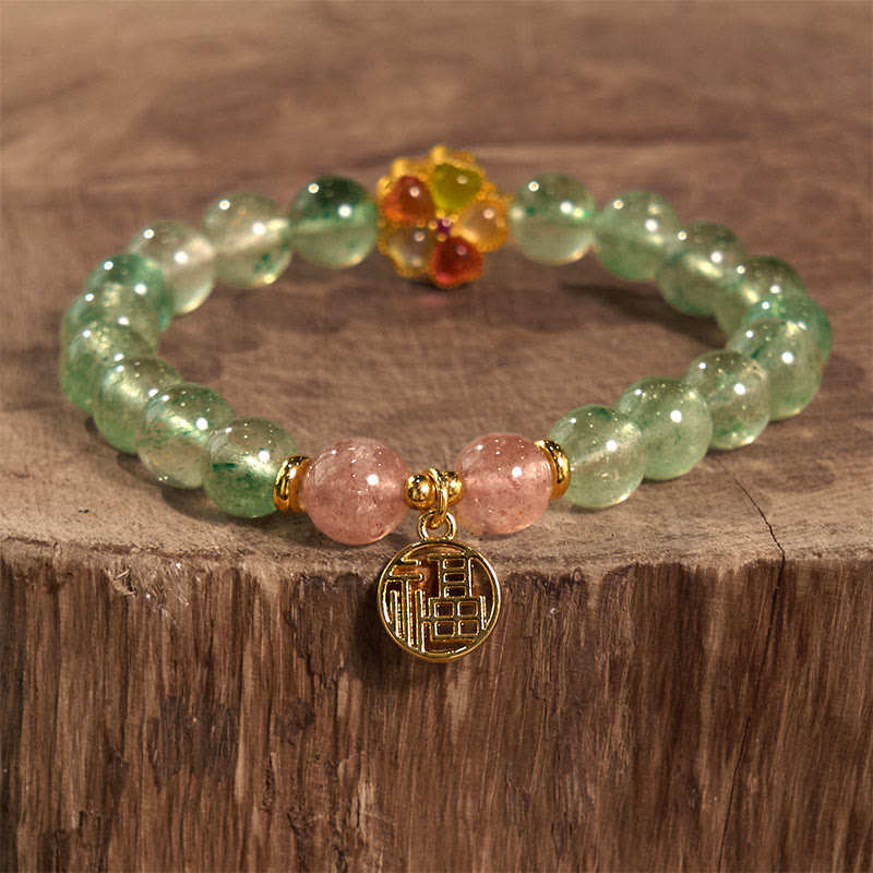 Natural Green Strawberry Quartz Soothing Fu Character Bracelet - Image 3