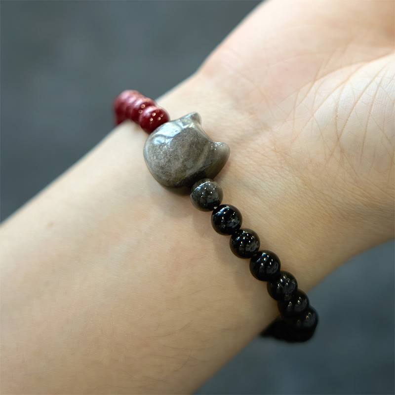 Black Obsidian Cinnabar Silver Sheen Obsidian Cat Fulfilment Bracelet - Image 4