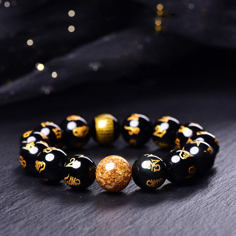 Six True Words Om Mani Padme Hum Rainbow Obsidian Gold Foil Creativity Bracelet