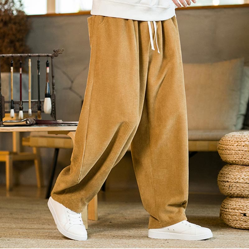 Fall Winter Men's Drawstring Corduroy Harem Pants With Pockets