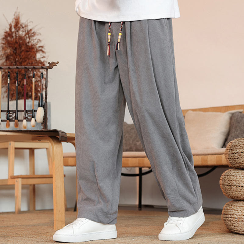 Fall Winter Men's Drawstring Corduroy Solid Pants With Pockets