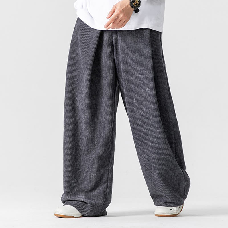 Solid Color Cotton Corduroy Men's Wide Leg Pants With Pockets