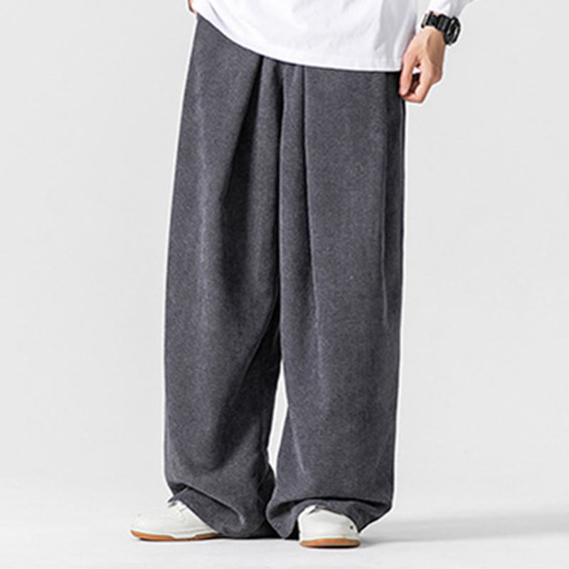Solid Color Cotton Corduroy Men's Wide Leg Pants With Pockets - Image 3