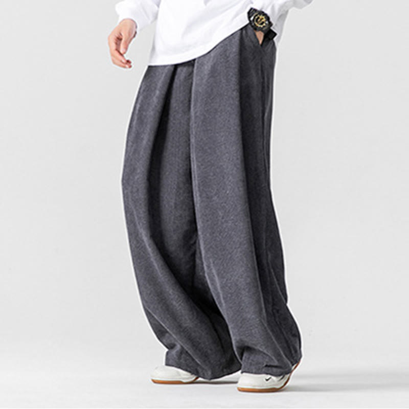 Solid Color Cotton Corduroy Men's Wide Leg Pants With Pockets - Image 8