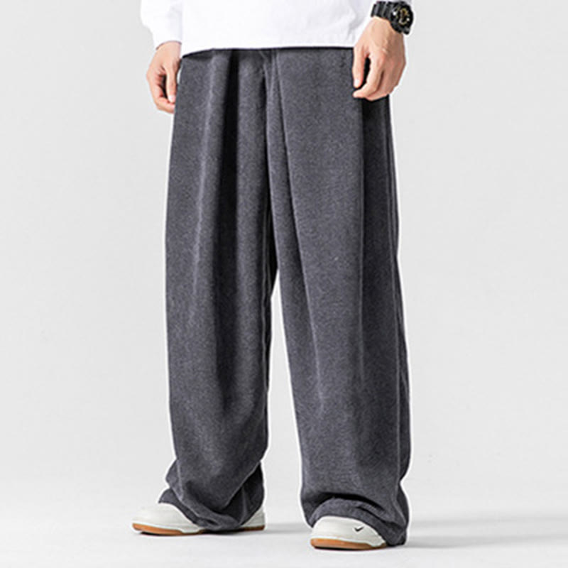 Solid Color Cotton Corduroy Men's Wide Leg Pants With Pockets - Image 7