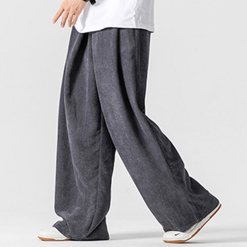 Solid Color Cotton Corduroy Men's Wide Leg Pants With Pockets - Image 5