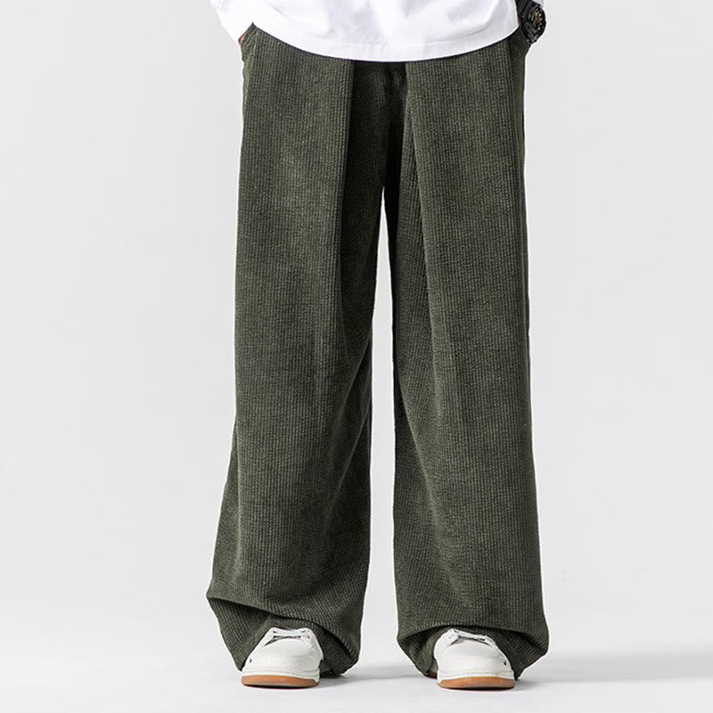 Solid Color Cotton Corduroy Men's Wide Leg Pants With Pockets - Image 16