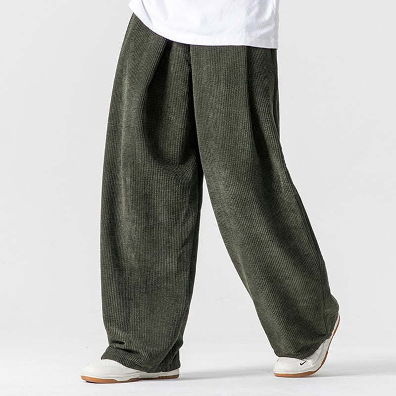 Solid Color Cotton Corduroy Men's Wide Leg Pants With Pockets - Image 15