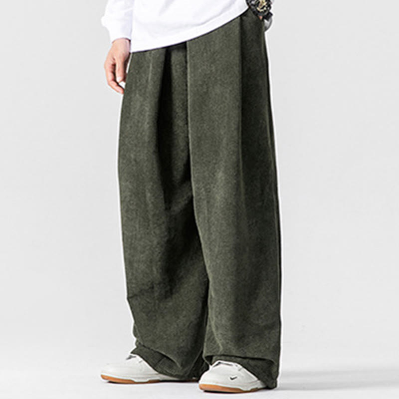 Solid Color Cotton Corduroy Men's Wide Leg Pants With Pockets - Image 21