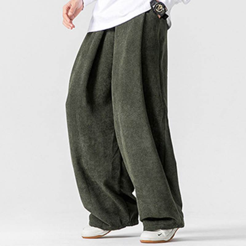 Solid Color Cotton Corduroy Men's Wide Leg Pants With Pockets - Image 22
