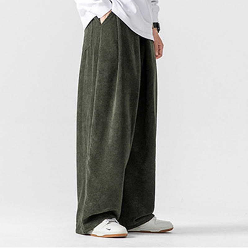 Solid Color Cotton Corduroy Men's Wide Leg Pants With Pockets - Image 17
