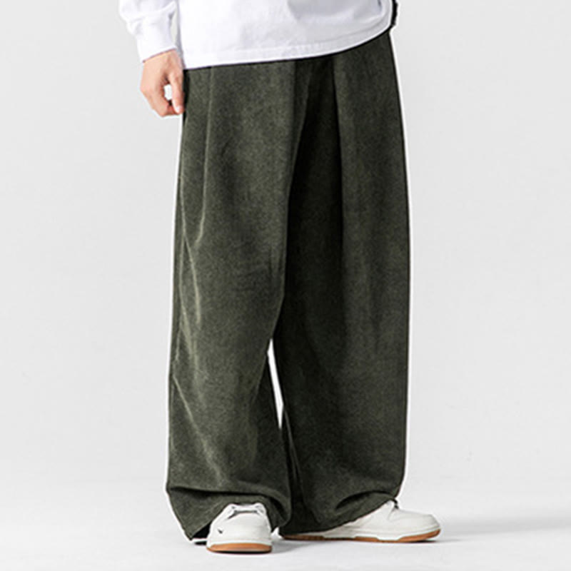 Solid Color Cotton Corduroy Men's Wide Leg Pants With Pockets - Image 20