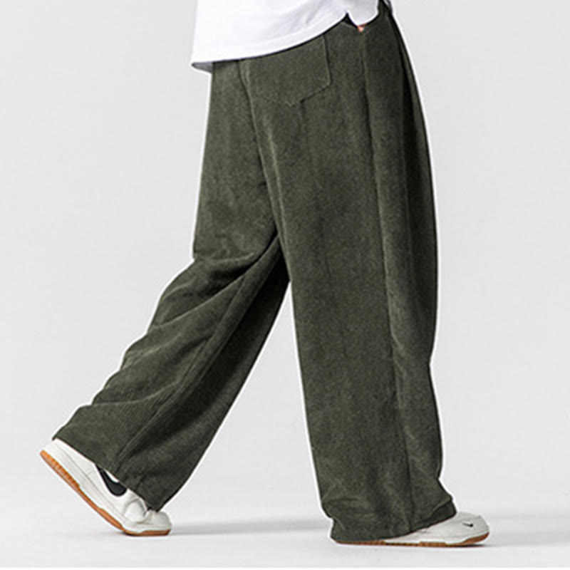 Solid Color Cotton Corduroy Men's Wide Leg Pants With Pockets - Image 18