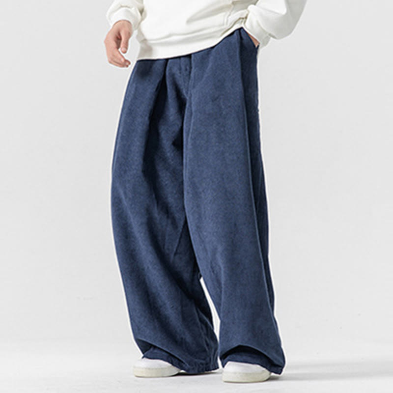 Solid Color Cotton Corduroy Men's Wide Leg Pants With Pockets - Image 36
