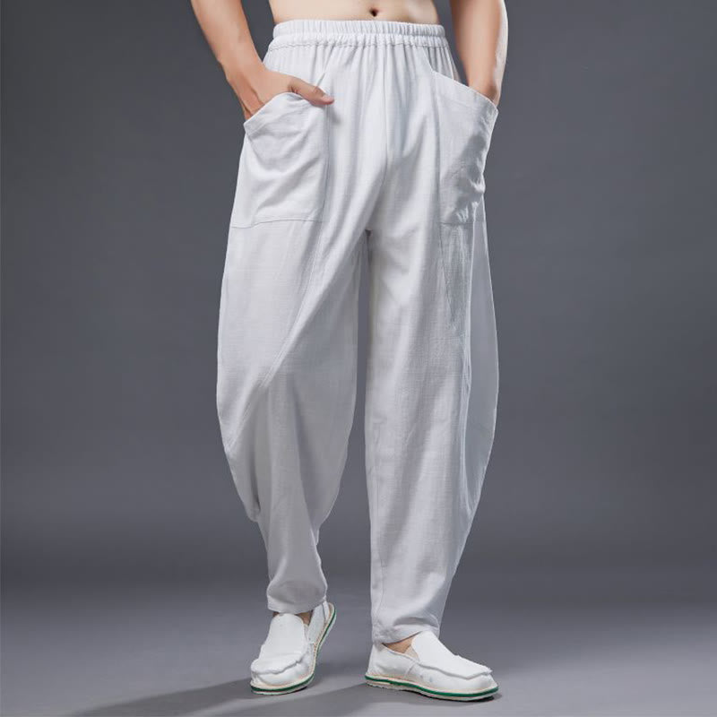 Solid Color Cotton Ramie Linen Men's Elastic Waist Harem Pants With Pockets